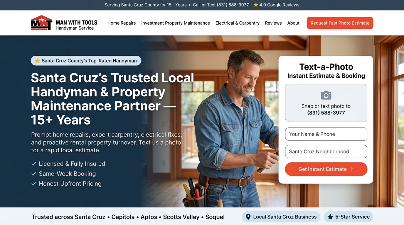 Proposed Man With Tools homepage with text-a-photo estimate form and (831) 588-3977